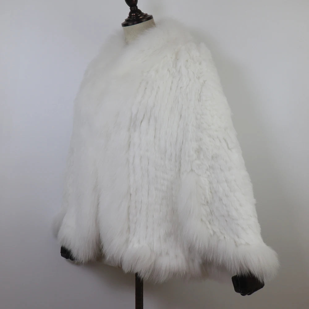 Hot Women Knitted 100% Real Rabbit Fur Shawl Winter Warm Genuine Rabbit Fur Pashmina Coat With Fox Fur Collar For Female Fashion