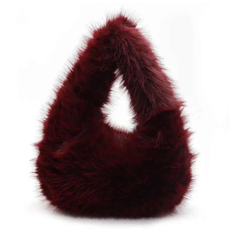 Solid Color Faux Fur Bag for Women Winter Soft Plush Handbags Ladies Small Elegant Tote Bags Fashion Trend Female Furry Purse