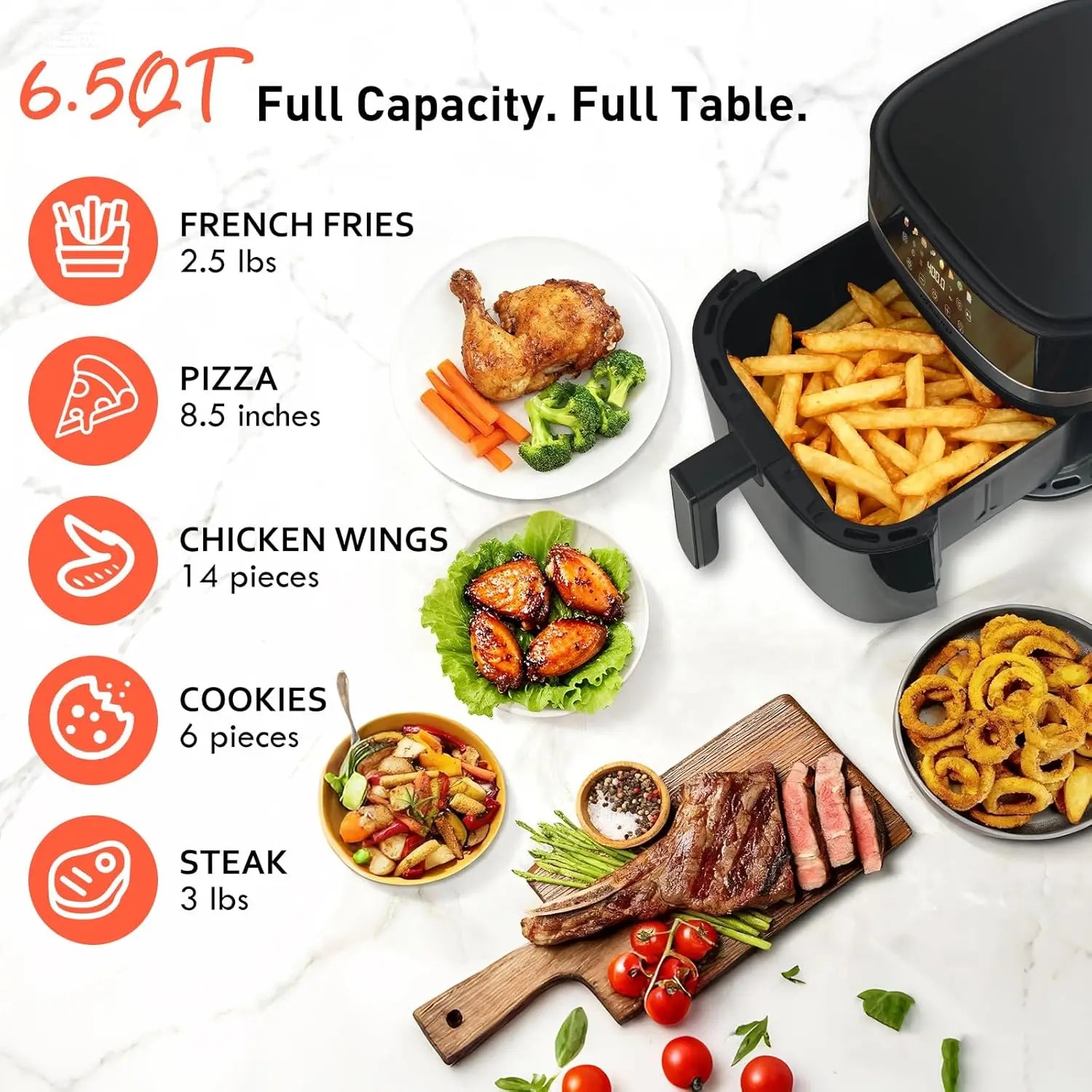 6.5 QT Air Fryer with Visible Window, LED Display, 400℉ Temp Control, Shake Reminder & Pre-heat Indicator