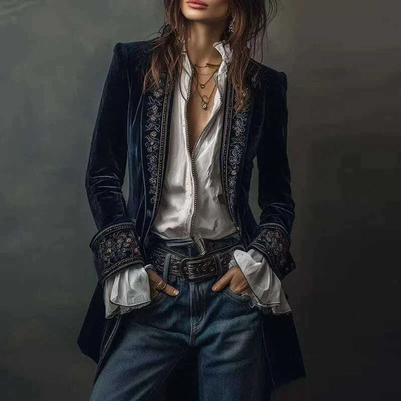 KIMLUD, Ethnic Retro Floral Print Velvet Woman Blazer Jacket Sexy Notched Collar Slim Autumn Outerwear Long Sleeve Winter Cardigans Coat, KIMLUD Womens Clothes