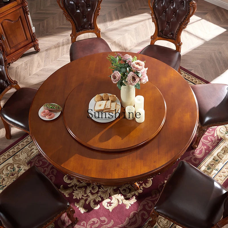 Solid Wood Round Dining Table With Turntable And Hand-Carved Details — Deep Walnut | KIMLUD