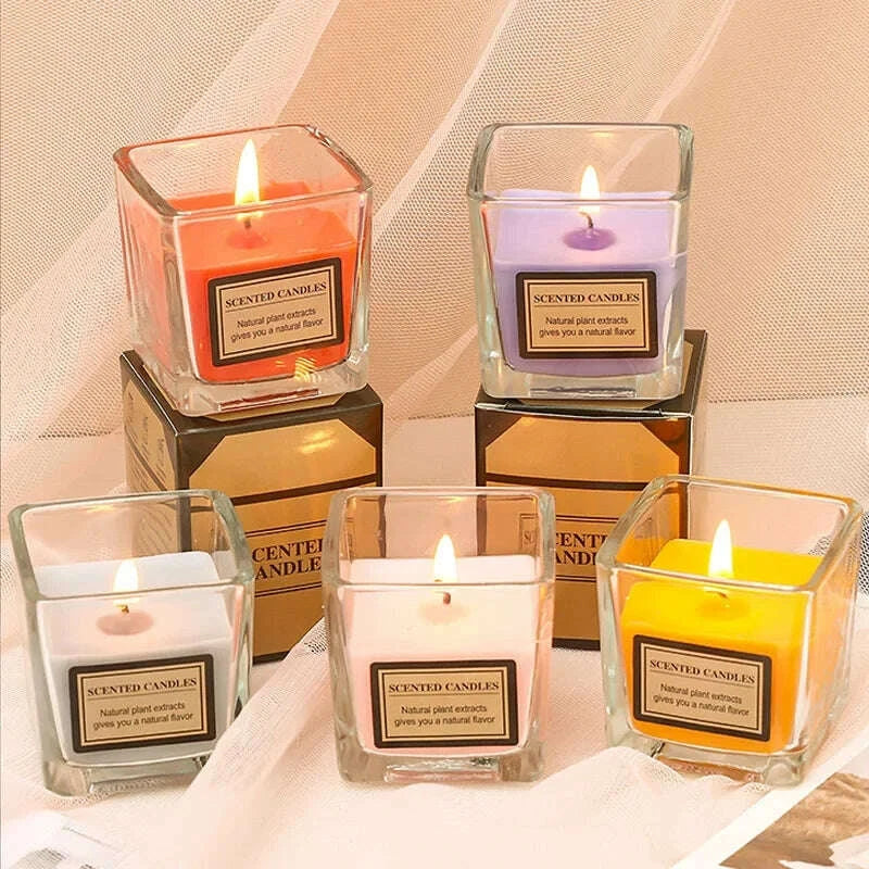 KIMLUD, Candy Color Fragrance Candle Fragrance Environment Glass Square Cup Bedroom Household Decoration Small and Fresh, KIMLUD Womens Clothes