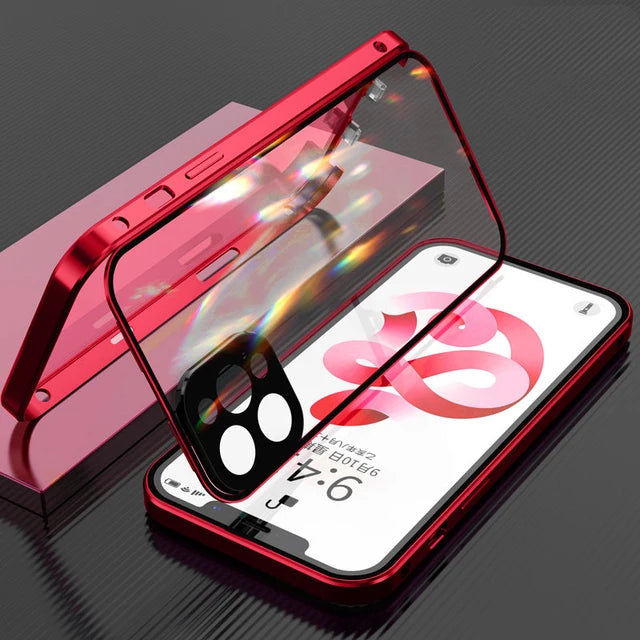 360 Full Protection Metal Magnetic Double Sided Glass Snap Lock Case For iPhone 17 16 15 14 12 13 Pro Max Lens Protection Cover