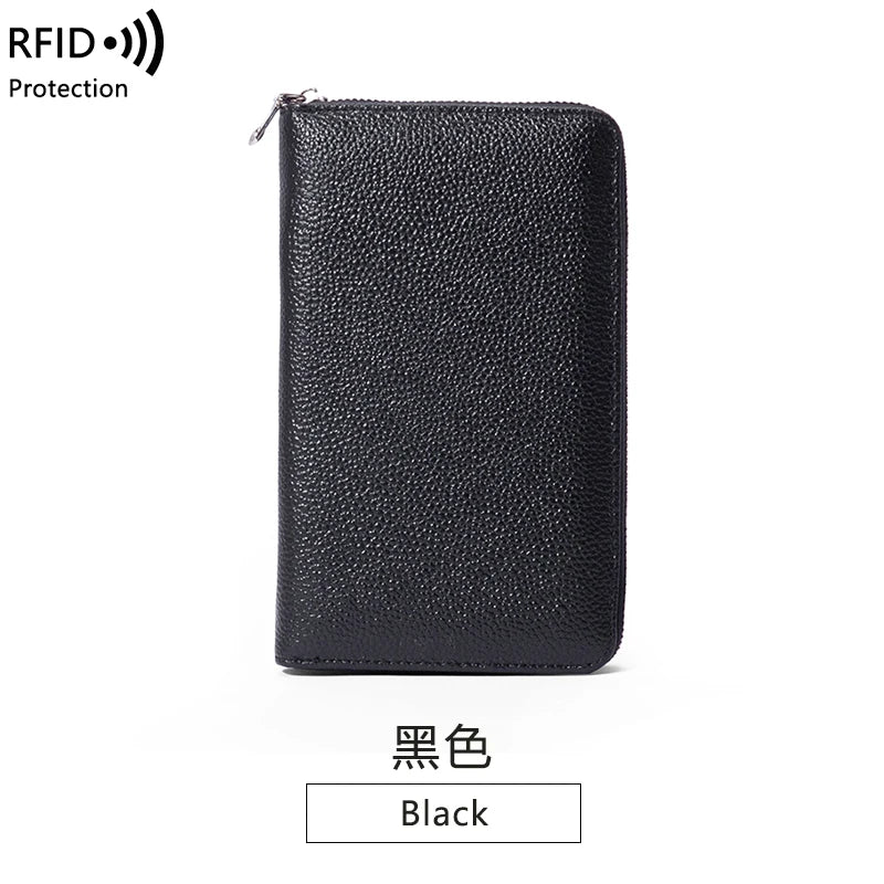RFID Anti-Theft Cowhide Leather Wallet — Long Passbook Card Slots Black | KIMLUD