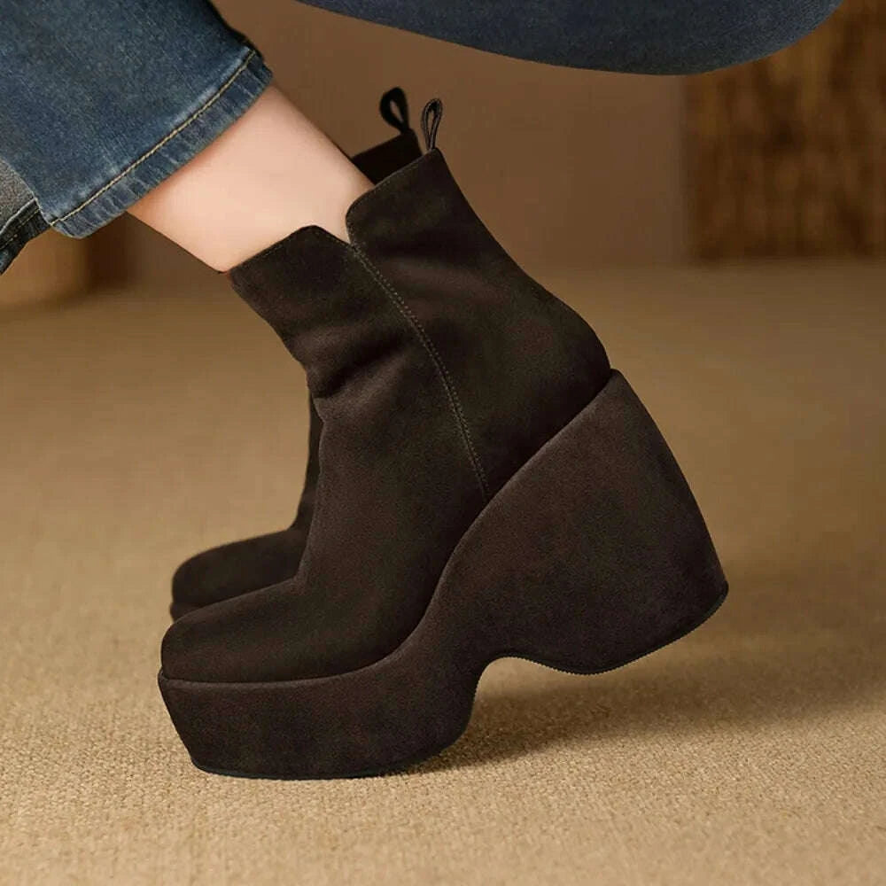 KIMLUD, Brand Women Wedges Boots Suede Platform Women Ankle Boots High Quality Walking Comfy Woman Shoes New Sexy High Heels Bootie, KIMLUD Womens Clothes