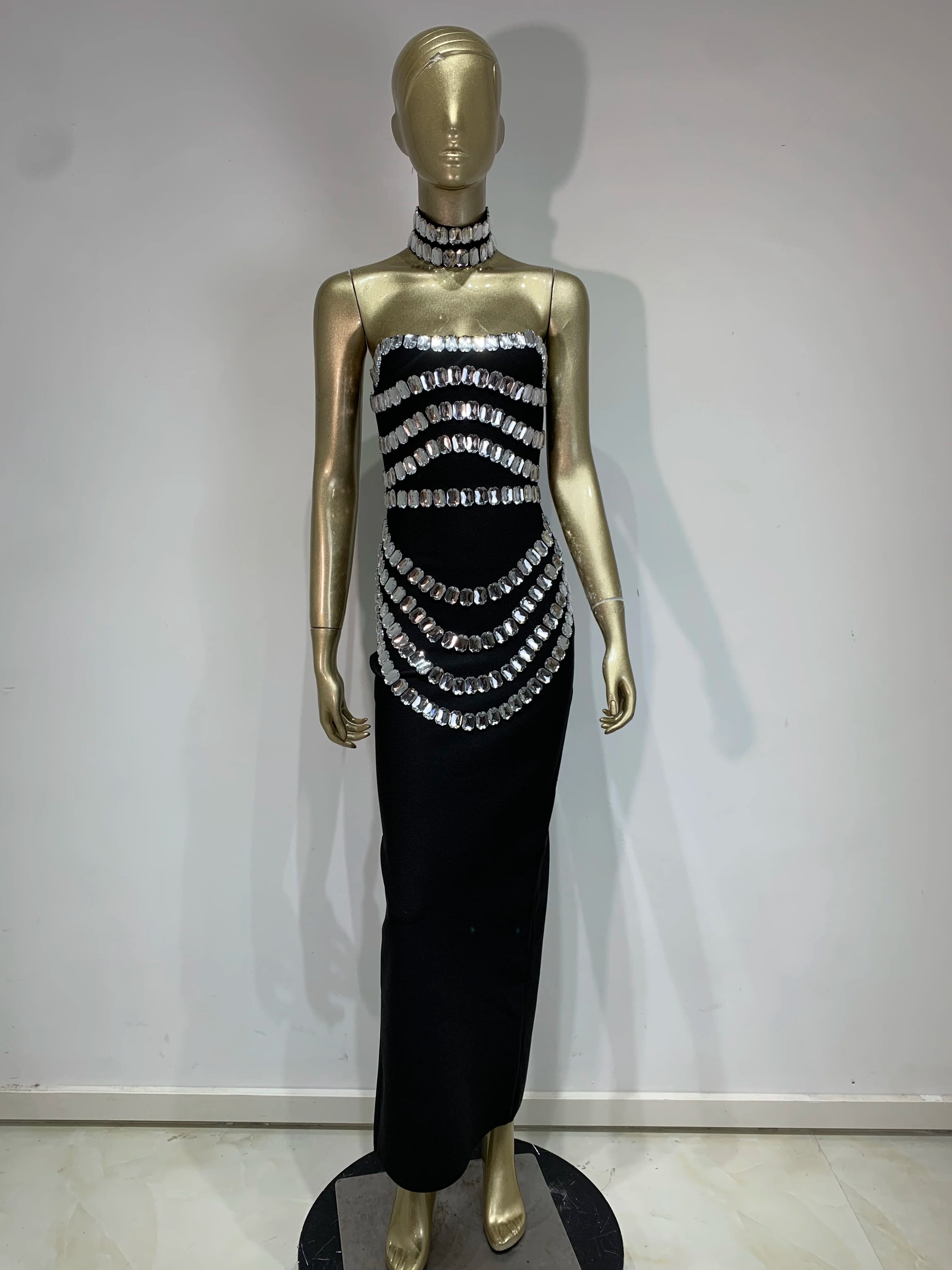 Brand New Ins 2025 Women Black Strapless Crystal Bandage Bodycon Dress Designer Collar Elegant Evening Party Dress Vestido