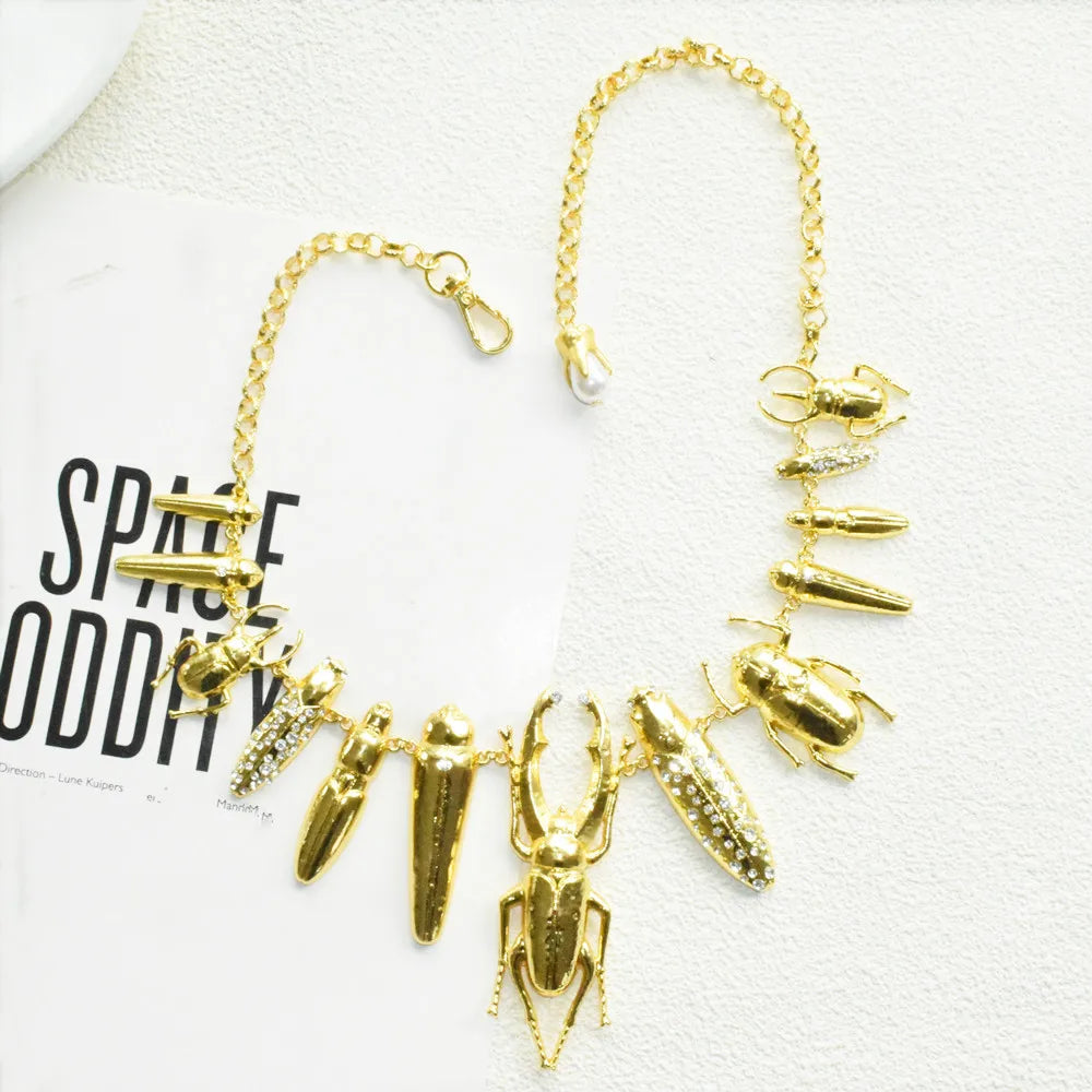 Gold-Plated Metal Alloy Chunky Necklace Multi Bug Charms — Gold | KIMLUD