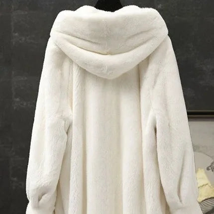 Mid-Length Hooded Luxe Faux Fur Coat — Black | KIMLUD