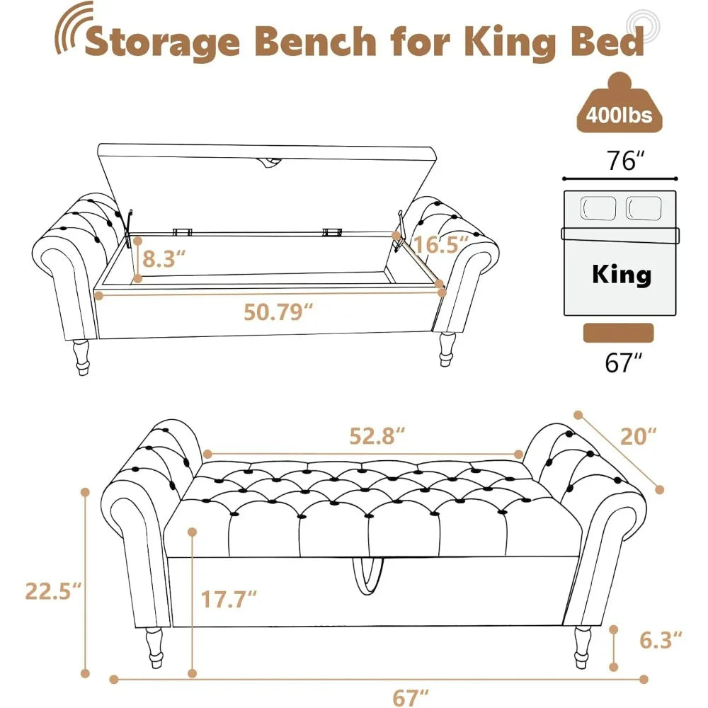 67'' End of Bed Storage Bench King Size, Storage Bench for Bedroom End of Bed, Upholstered Tufted Storage Ottoman Benches with A