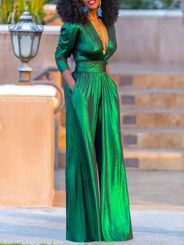 KIMLUD, Bonboho Women's Solid Color Jumpsuit Deep V-neck Three-Quarter Sleeves High Waist Wide Leg Oe-piece Suit Summer Casual Jumpsuits, KIMLUD Womens Clothes