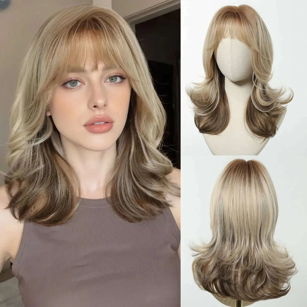 KIMLUD, Golden Blonde Mixed Synthetic Wig Dark Root Wavy Hair With Side Bangs for Women Daily Party Cosplay wig Heat Resistant Fiber, KIMLUD Womens Clothes