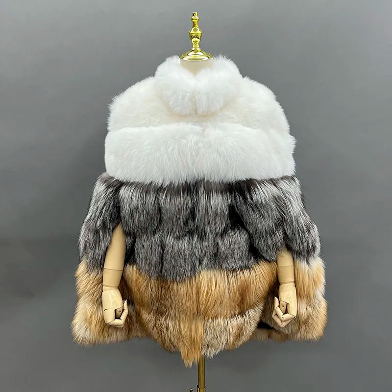 KIMLUD, JANEFUR Women's Winter Warm Cloak True Fox Fur Cloak Six-section Stand-up Collar Fox Poncho Winter Female Cape, KIMLUD Womens Clothes