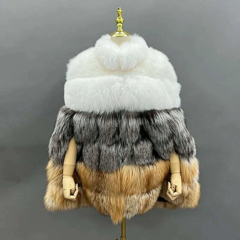 KIMLUD, JANEFUR Women's Winter Warm Cloak True Fox Fur Cloak Six-section Stand-up Collar Fox Poncho Winter Female Cape, KIMLUD Womens Clothes