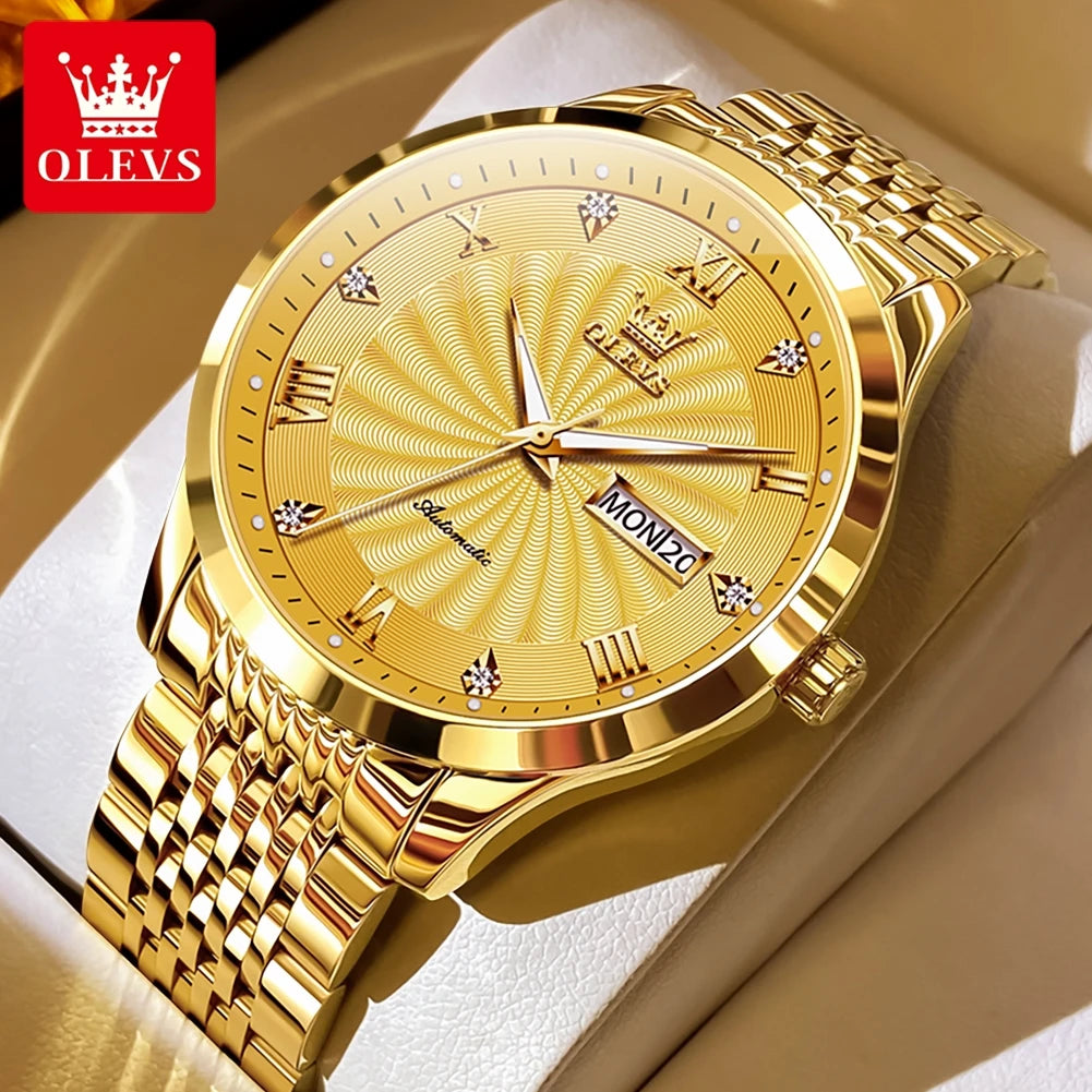 OLEVS Top Brand Automatic Mechanical Men Watch Threaded Dial Waterproof Stainless Steel Strap Classic Men's Watches Luxury
