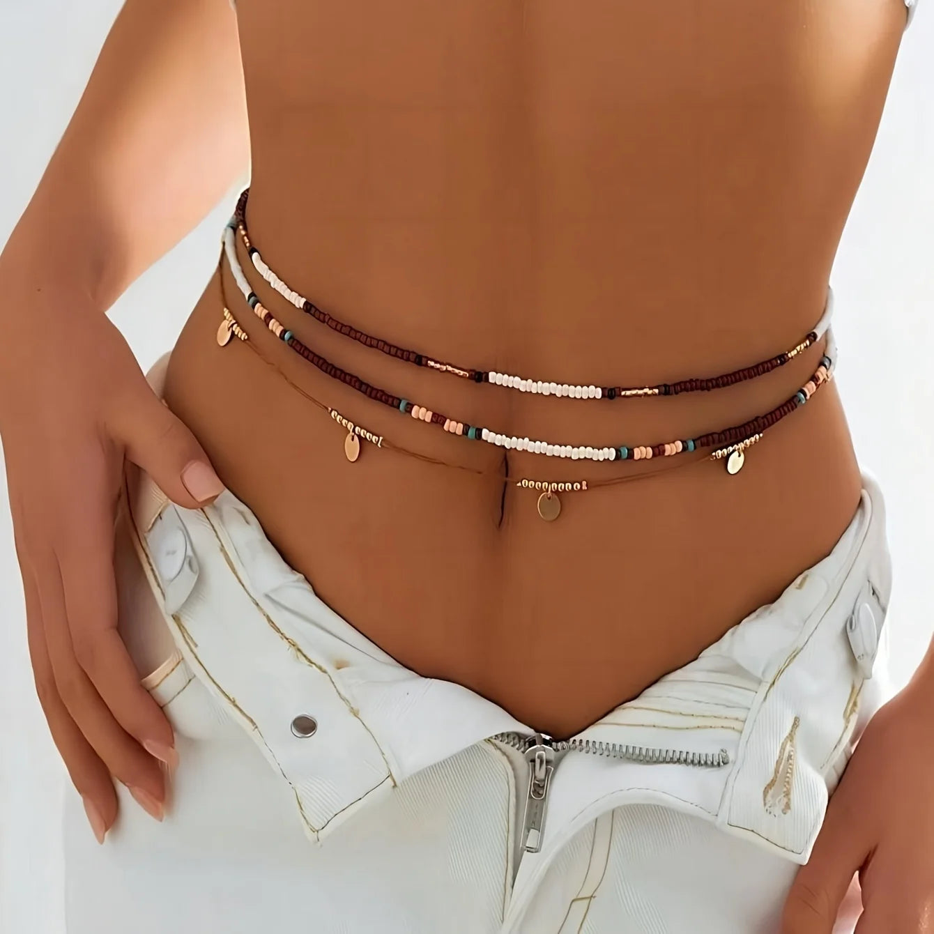 Bohemian Glass Bead Waist Chain Three-Piece Set For Vacation Glow — Multi | KIMLUD