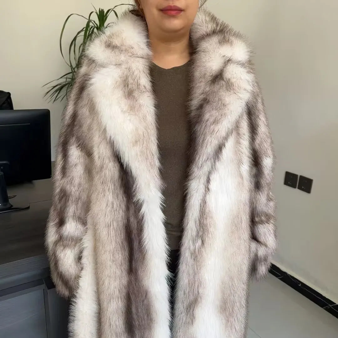 Faux Fur Coat - Long Waistband Design - Faux Fur - Large Collar | KIMLUD