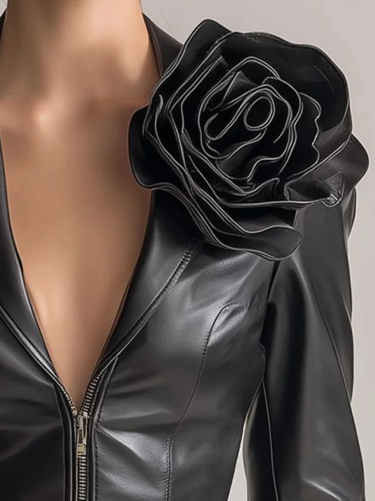 Women 3D Flower PU Leather Jacket Cropped Slim Fit Blazer Streetwear Fashion Lapel Collar Zipper Long Sleeve Coat for Autumn