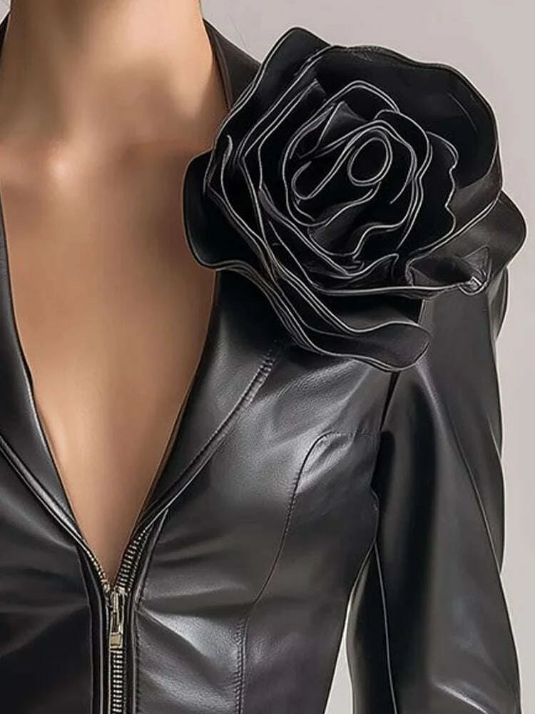 KIMLUD, Women 3D Flower PU Leather Jacket Cropped Slim Fit Blazer Streetwear Fashion Lapel Collar Zipper Long Sleeve Coat for Autumn, KIMLUD Womens Clothes
