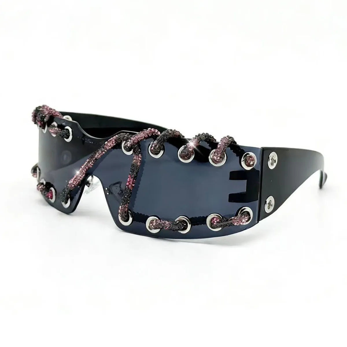 Frameless Crystal Chain Y2K Punk Sunglasses — Black | KIMLUD