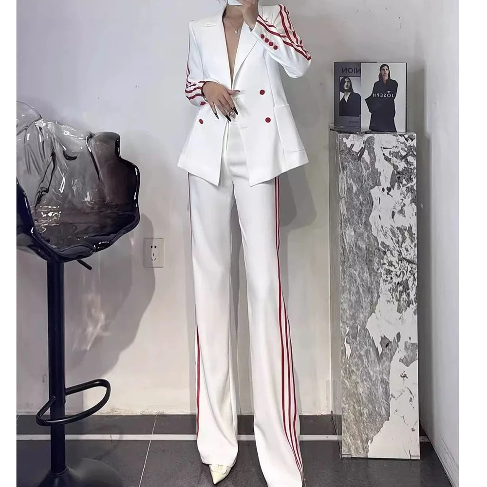 Luxury Women 2 Piece Pants Sets Double Breasted Peak Lapel Regular Length Slim Fit Female Clothing High Quality Blazer Trousers
