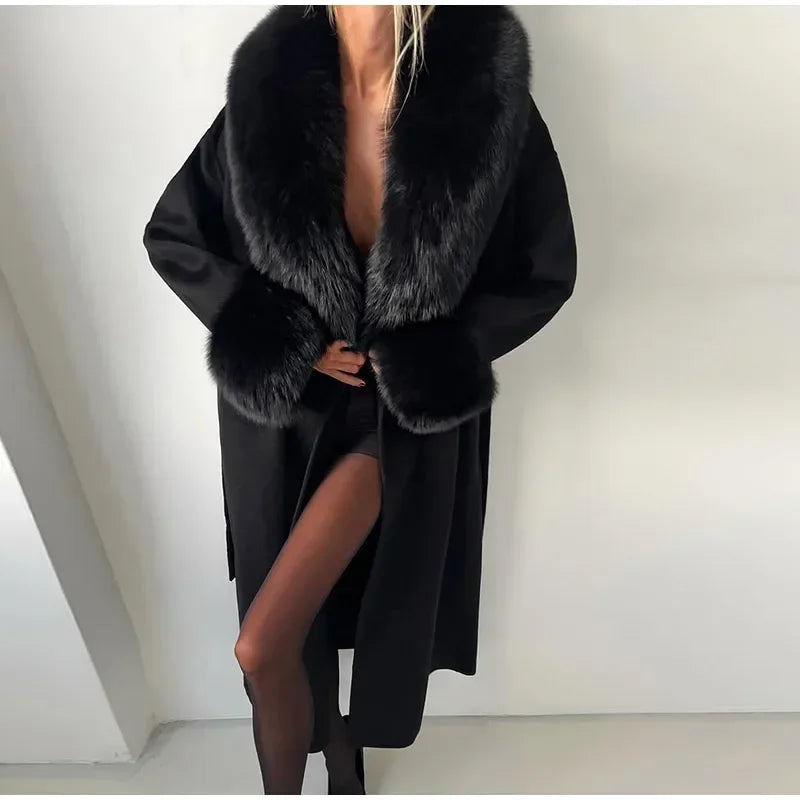 Elegant Fur Patchwork Woolen Coat Women Chic Full Sleeve V-neck Lace Up Loose Long Overcoat 2025 Lady Winter Commute Outwear