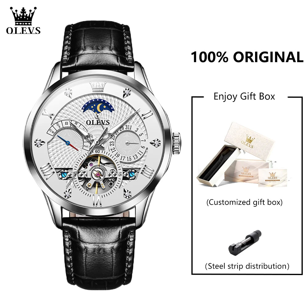 Leather Moon Phase Automatic Watch — Black | KIMLUD