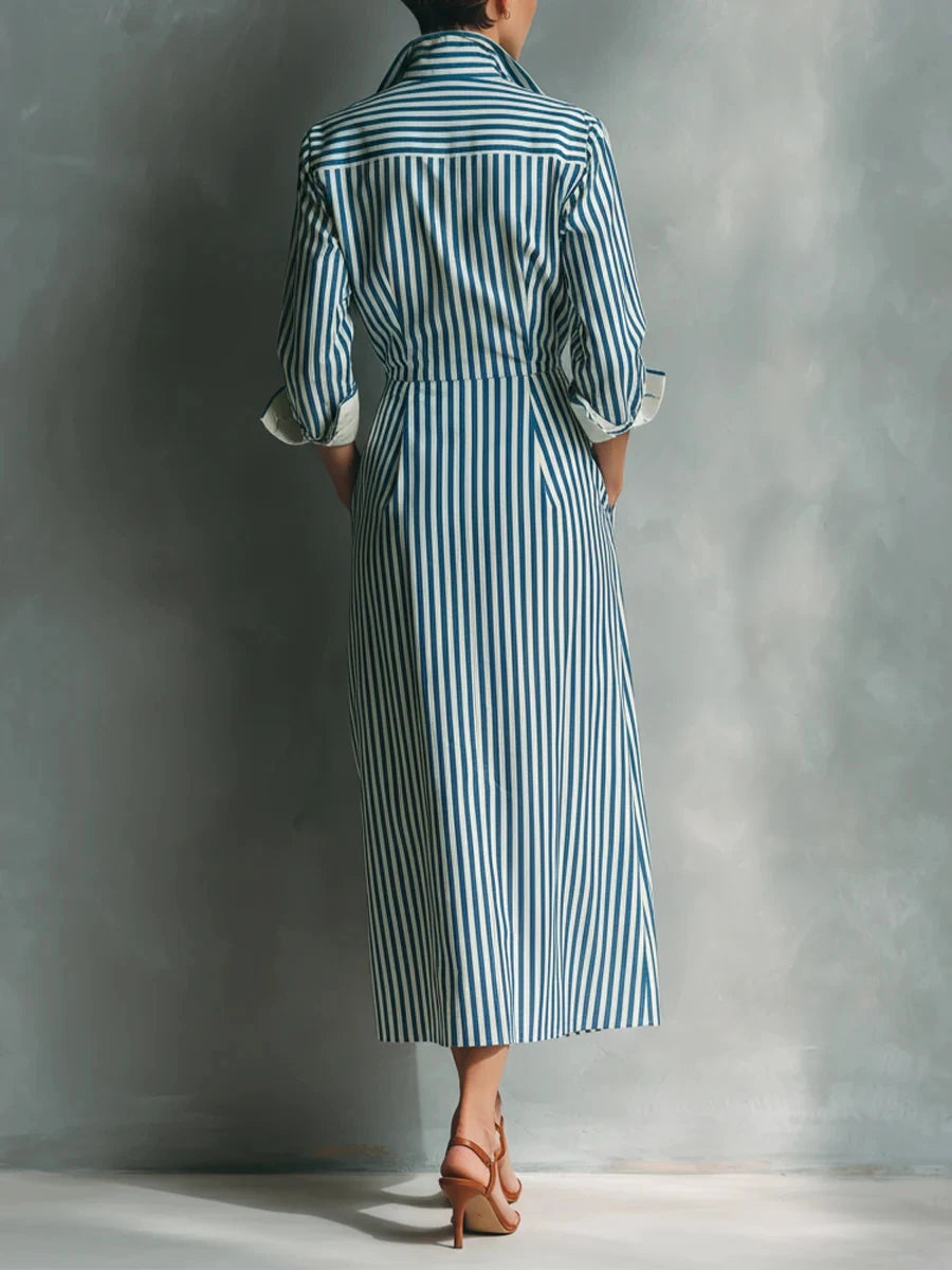 Shirt Dress - Striped Print Color Blocking - Polyester | KIMLUD