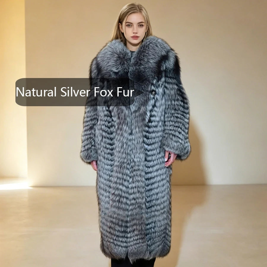 Fox Fur Coat Long Mandarin Collar — Silver | KIMLUD