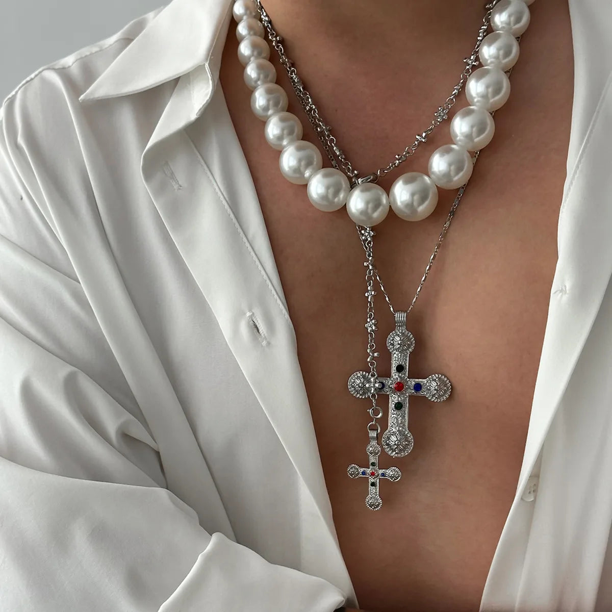 Ingemark 3 Styles Creative Big Imitation Pearl Beads Chain Necklace for Men Hip Hop Jesus Cross Pendant Choker Male Jewelry Gift