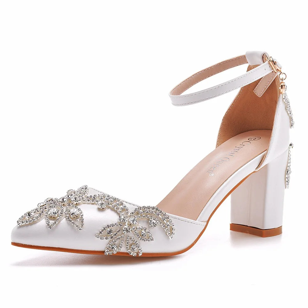 PU Sandals Rhinestone Flower Embellished Square Heel — White | KIMLUD