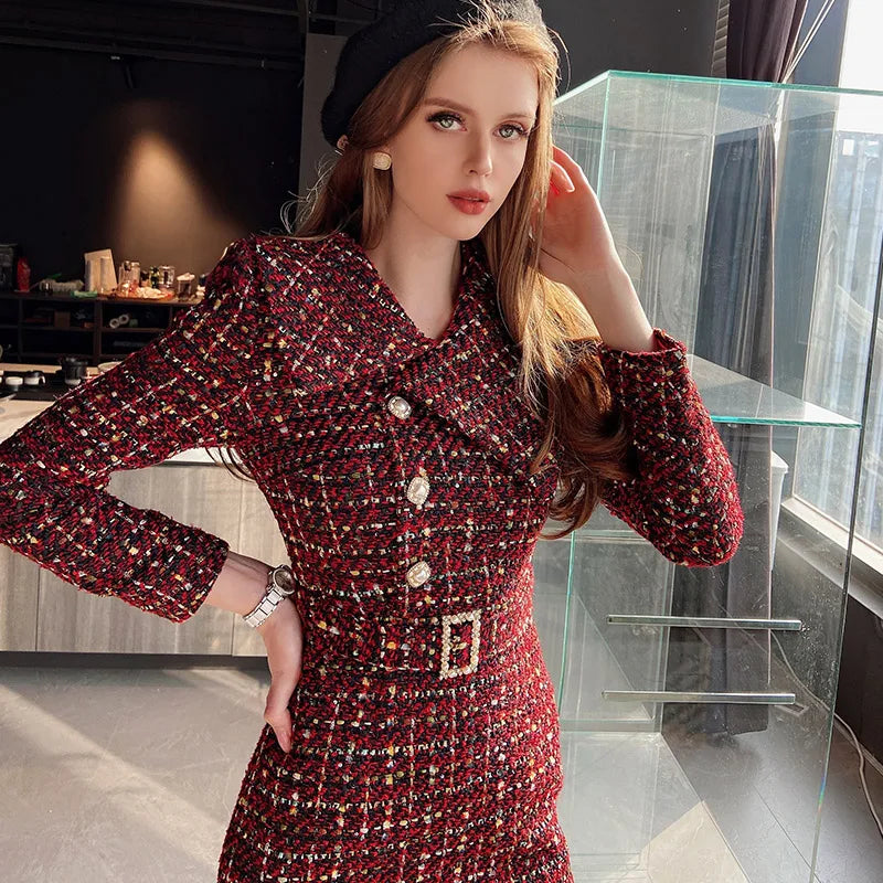 Tweed Dress Asymmetric Large Lapel Slimming — Black | KIMLUD