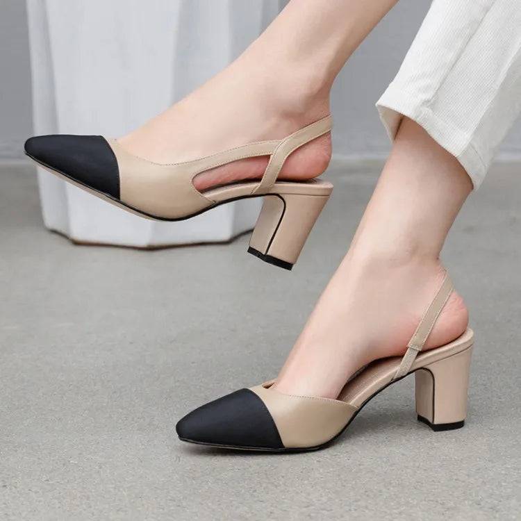 Genuine Leather Slingback Pumps Cap Toe — Beige Nude | KIMLUD