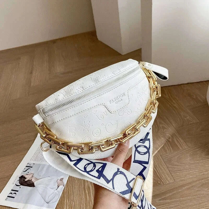 KIMLUD, Cartoon Pattern empaistic PU Leather Fanny Pack For Women Luxury Chain Waist Bag Female Cute Waist Pack Wide Strap Crossbody Bag, KIMLUD Womens Clothes