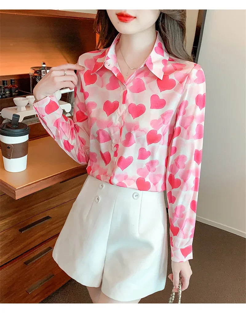 Chiffon Blouse – Love Heart Print – Slim | KIMLUD