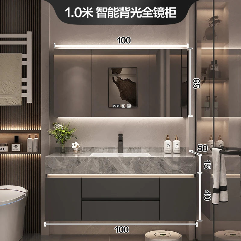 Solid Wood Vanity Cabinet With Marble Countertop And Integrated Mirror Lighting — White | KIMLUD