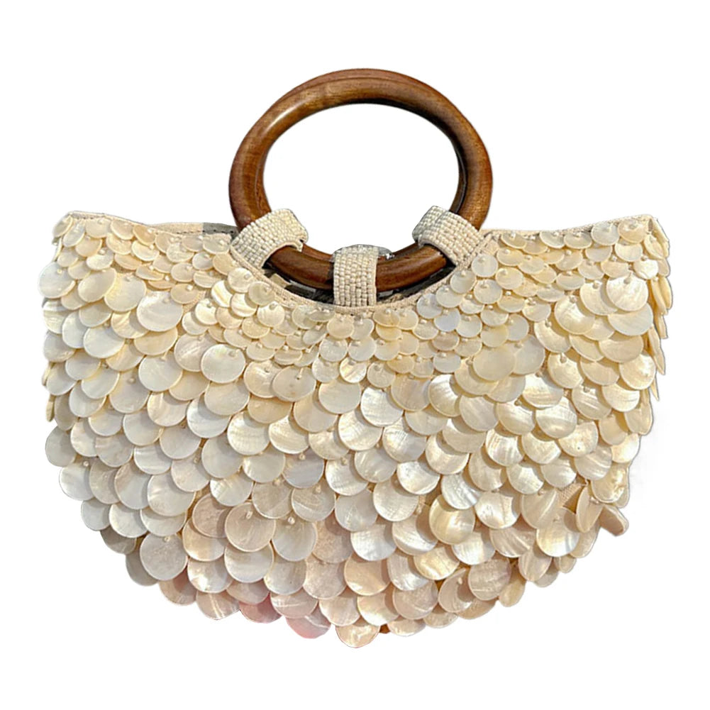 Shell Beaded Clutch Purse Handcrafted Beadwork Top Handle — Champagne Ivory | KIMLUD
