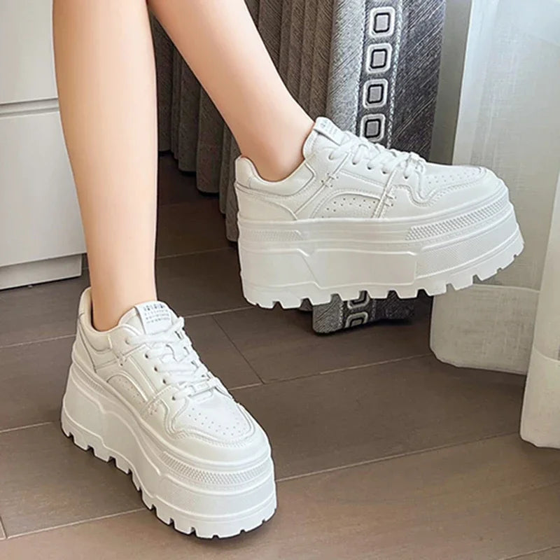 Platform Sneakers 8cm Lace-Up Cushioned Insole For All-Day Comfort — White | KIMLUD