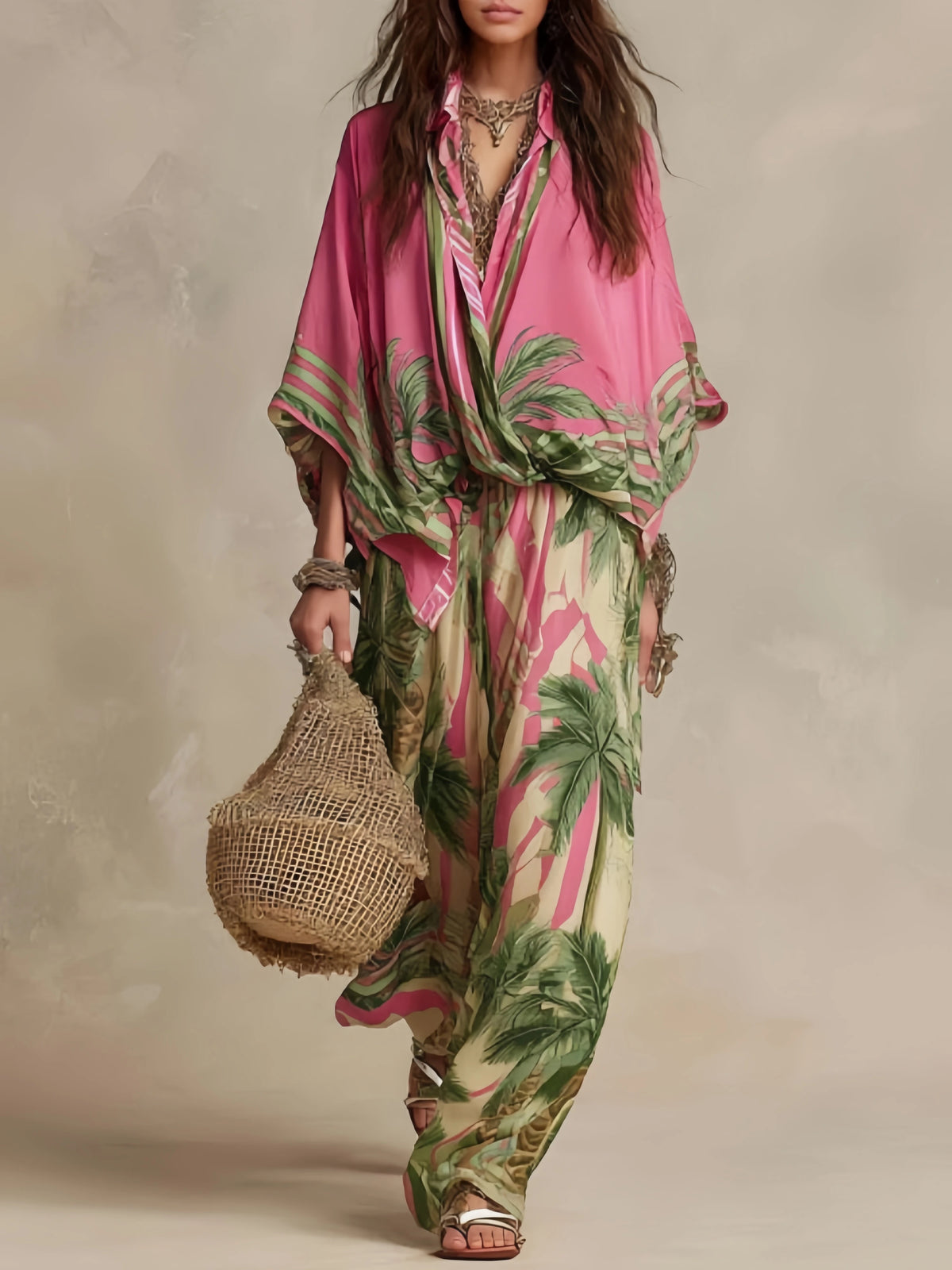 Two Piece Set Batwing Shirt and Wide Leg Trousers Broadcloth | KIMLUD