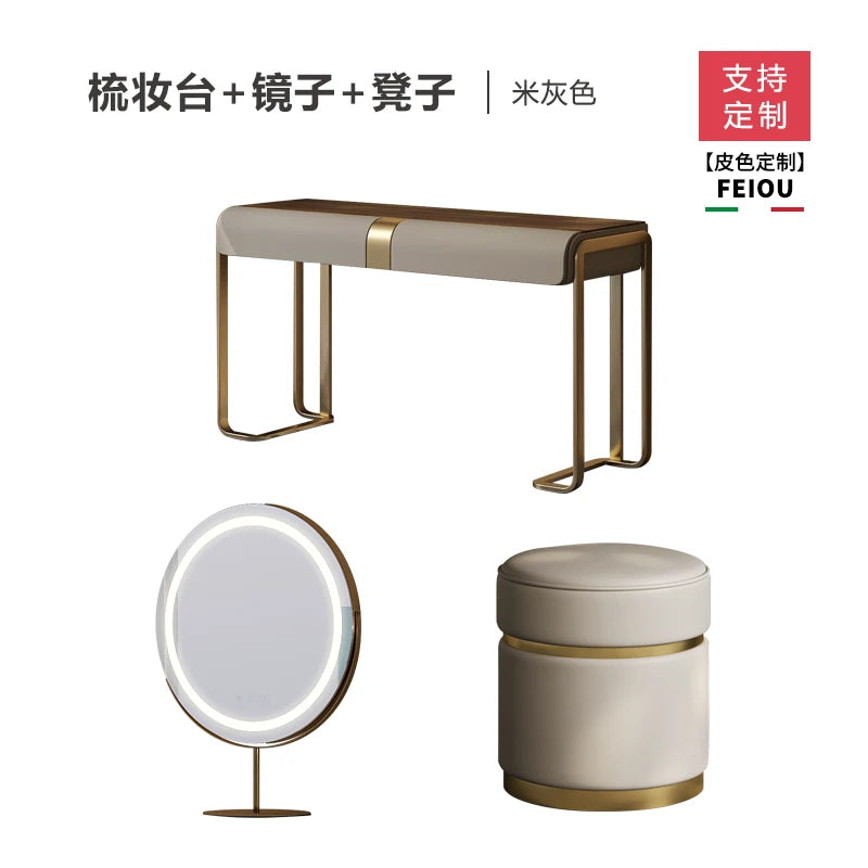 European Minimalist Dressing Table Mirror With LED Ring And Five Drawers — Champagne Beige | KIMLUD