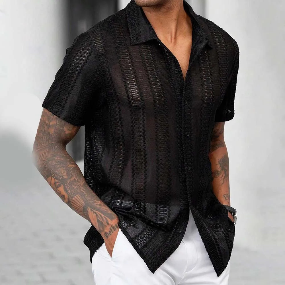Black As Pictures Show Men s Summer Mesh Shirt Lace Shirt For Men Slight Stretch Solid Color Brand New Regular Length
