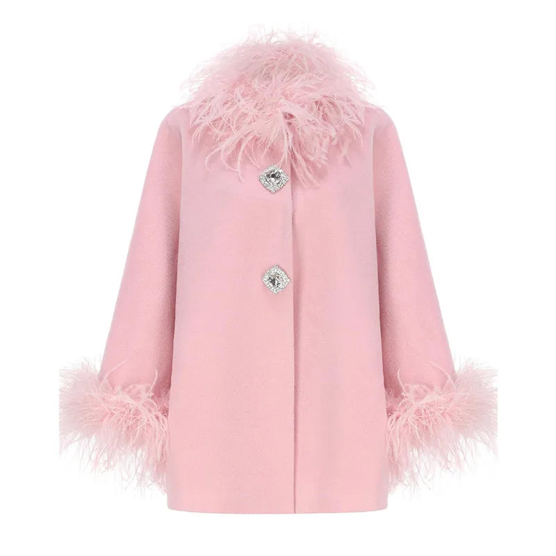 Elegant Feather Spliced Women's Coat Loose Feather Cuff Collar Lady Poncho Outwear 2024 Winter High Street Jacket New In Coats