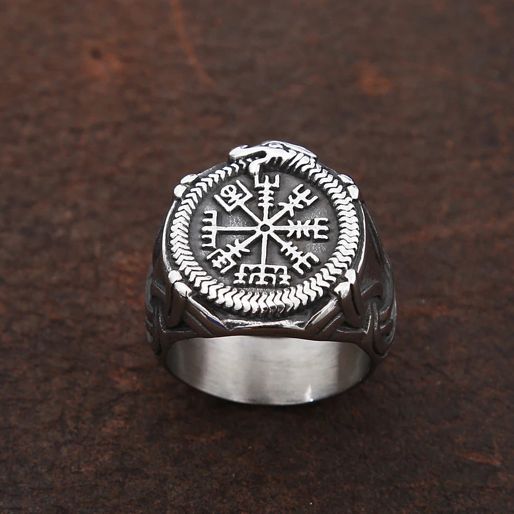 Vintage Viking Compass Helm of Awe Ring Stainless Steel Men Nordic Ethnic Belief Aegishjalmur Viking Rings Jewelry Free Shipping
