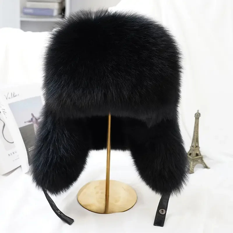 Real Silver Fox Fur Bomber Hat Leather Top — Silver | KIMLUD
