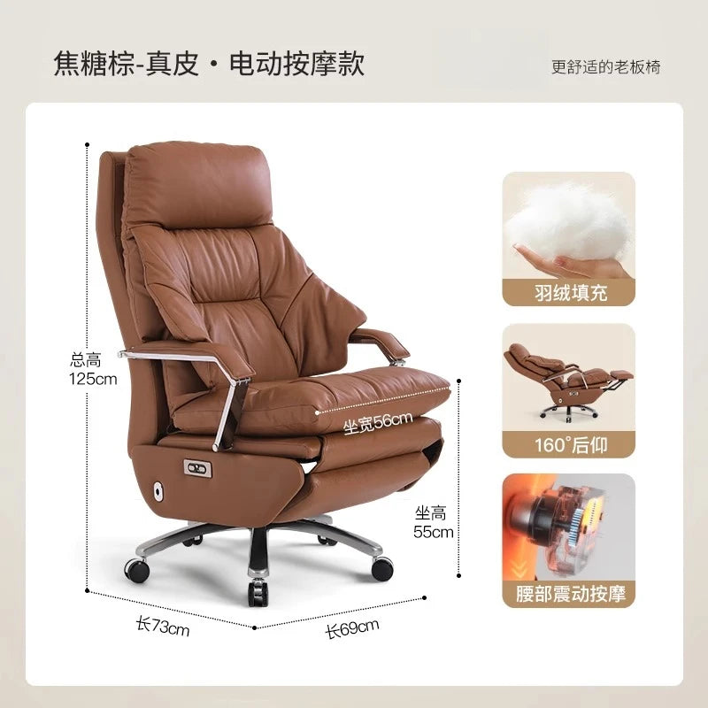 Genuine Leather Massage Chair Swivel Lift Ergonomic Office Chair — Cognac Brown | KIMLUD