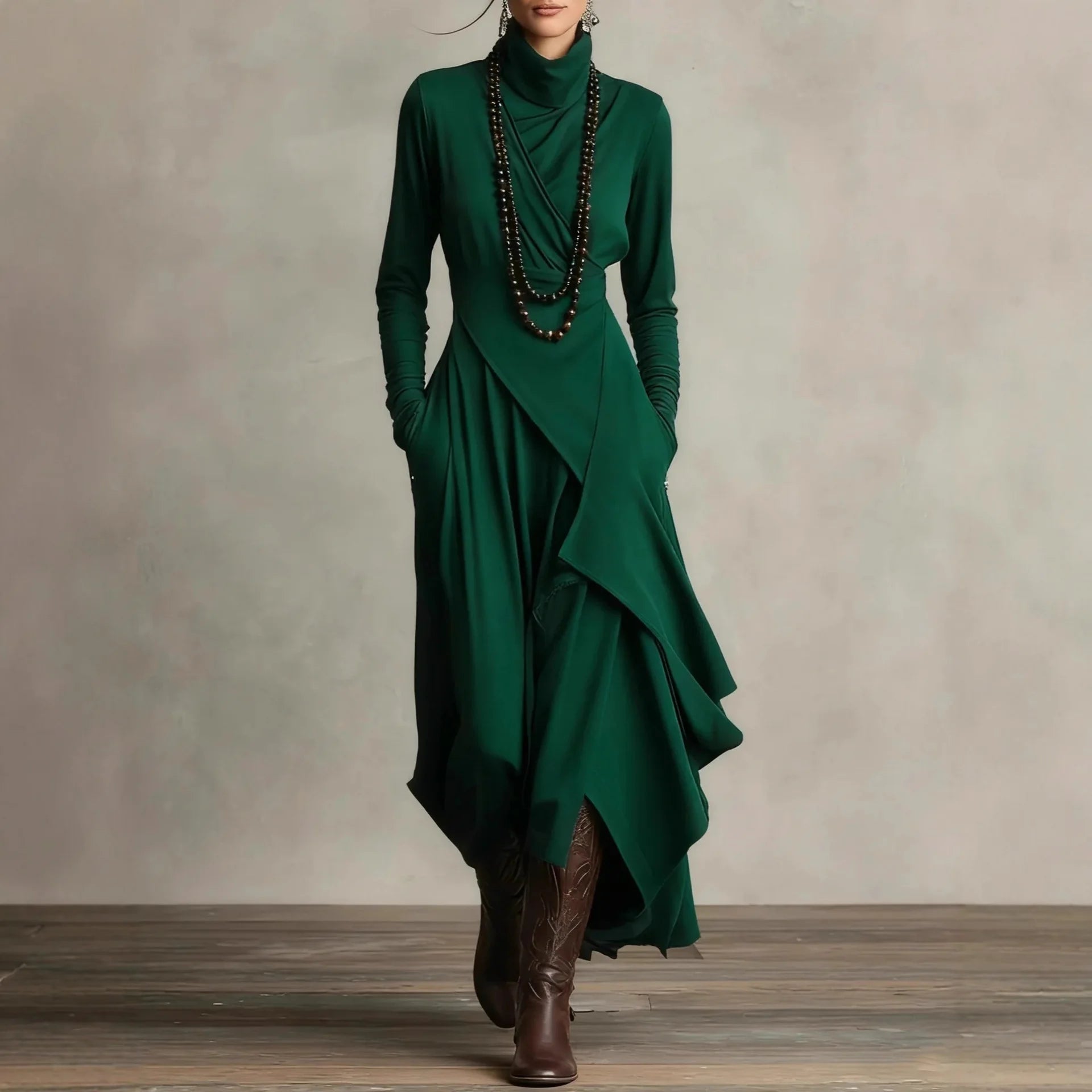 Dresses Cross Turtleneck A-Line Slim Fit — Solid Color | KIMLUD