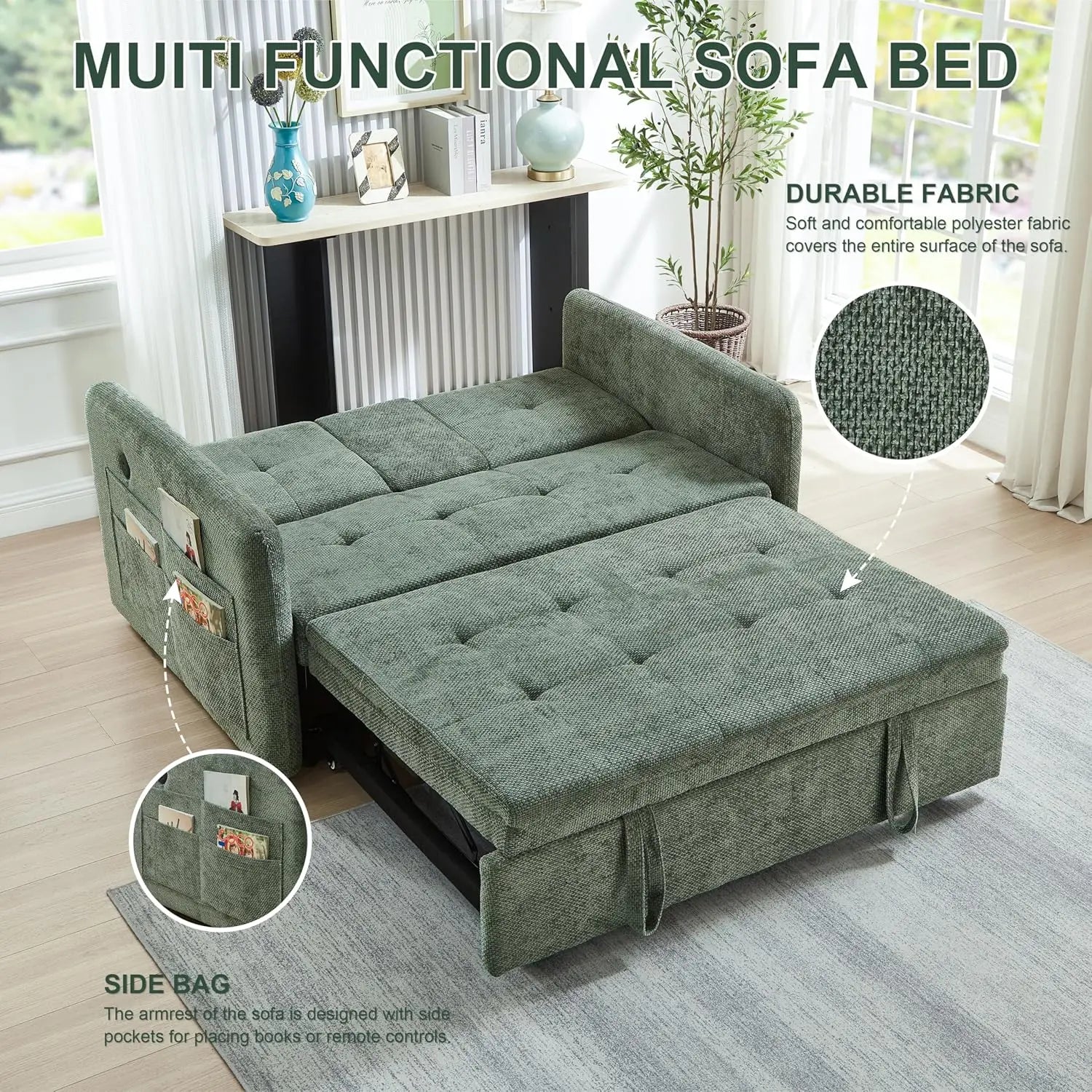 57.48' Convertible Sofa Bed with Cup Holder, Pull Out Sleeper Sofa Bed with USB Charging Ports