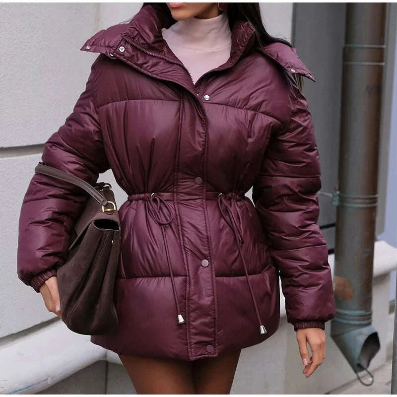 KIMLUD, Women Solid Thicken Cotton Jackets Casual Stand Collar Zipper Long Sleeves Lace Up Detachable Hat Coat Winter Lady Warm Outwear, KIMLUD Womens Clothes