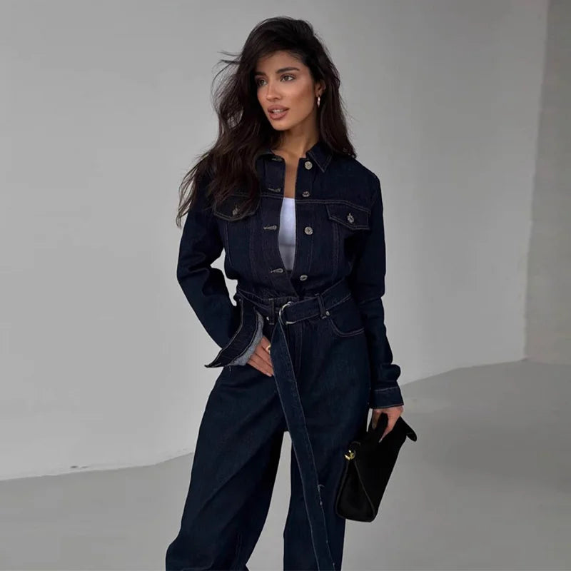 Denim-Inspired Jumpsuit Turn-Down Collar Lace-Up Full Sleeve Wide-Leg — Brown | KIMLUD