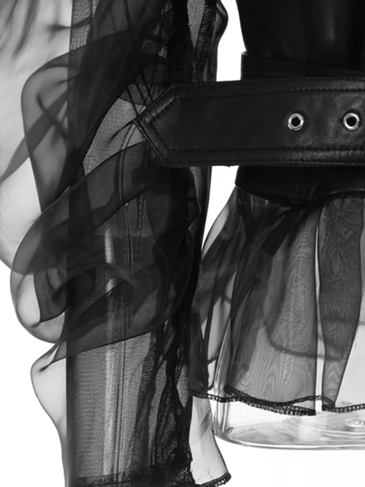 Leather Mesh Jacket – Loose Fit – PU Leather – Black | KIMLUD