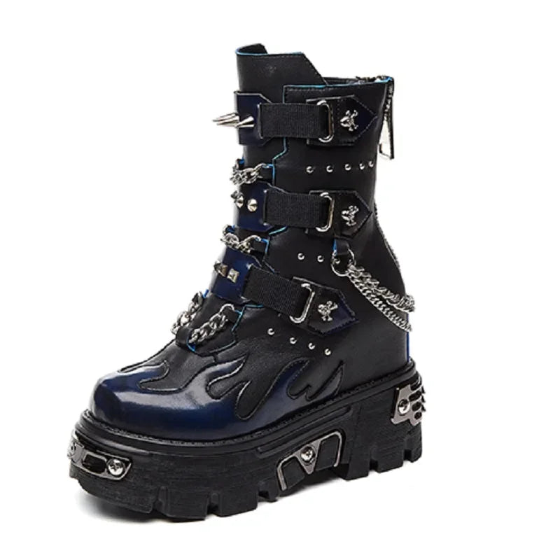 Women's Genuine Leather Motorcycle Boots Rivet Metal Chain Buckle Belt Short Punk Mid-calf Boots Winter Lady Platform Chunky